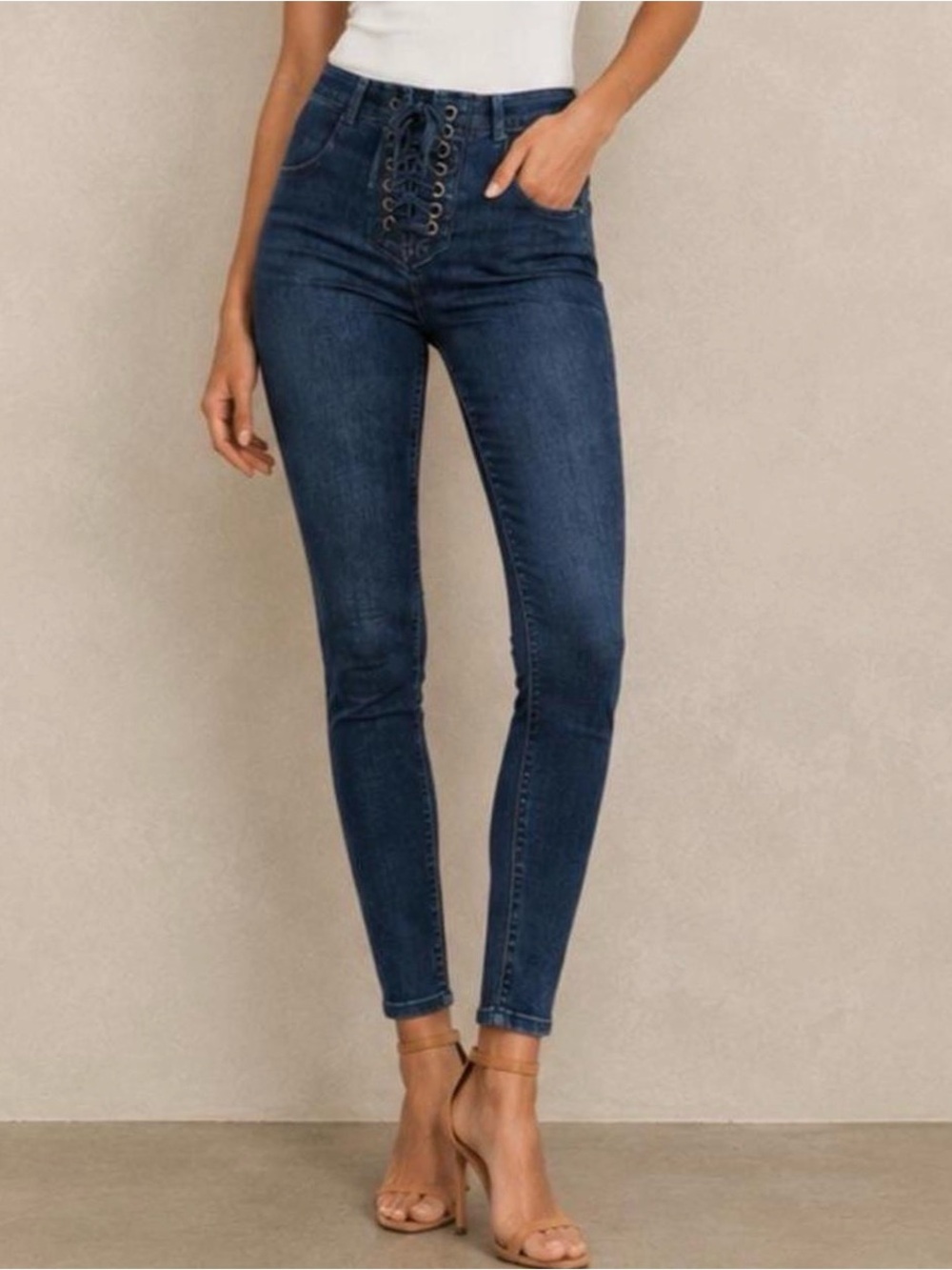 Free People We The Free CRVY High Rise Lace-Up Skinny Jeans Sz 27 EUC